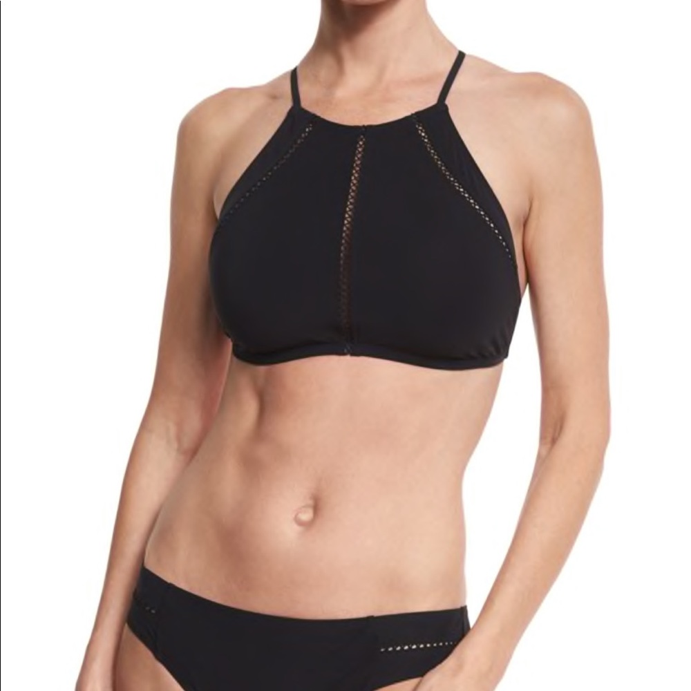 Tory Burch Black Solid Lattice High-neck swim Top